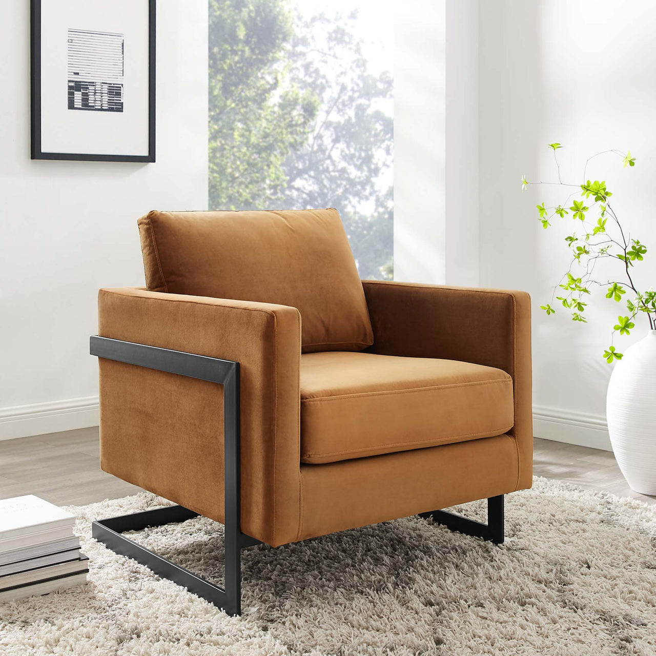 Parallel Upholstered Velvet Armchair, Cognac