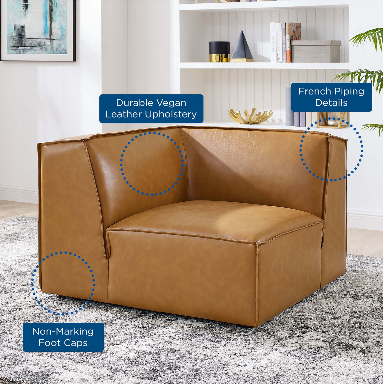 Phoenix Eco-Leather Corner Chair | Modular Sectional Component, Tan