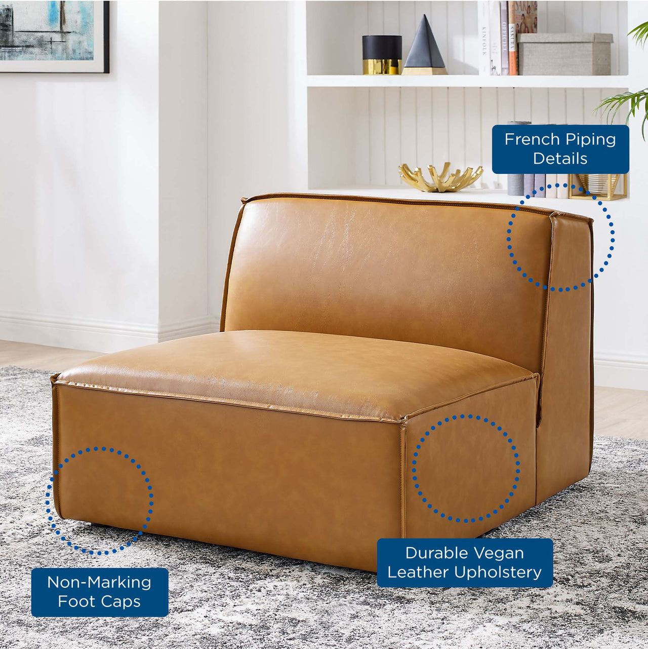 Phoenix Eco-Leather Armless Chair | Modular Sectional Component, Tan