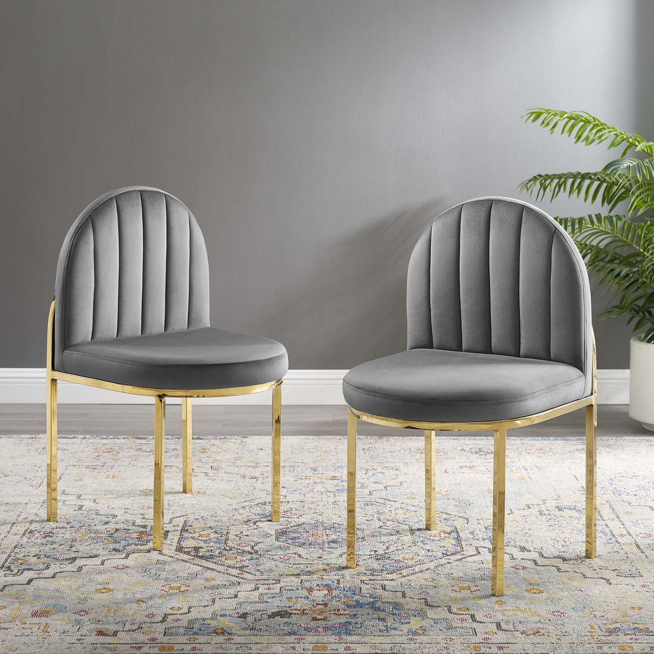 Bivalve Velvet Dining Chair Set of 2, Gold & Gray