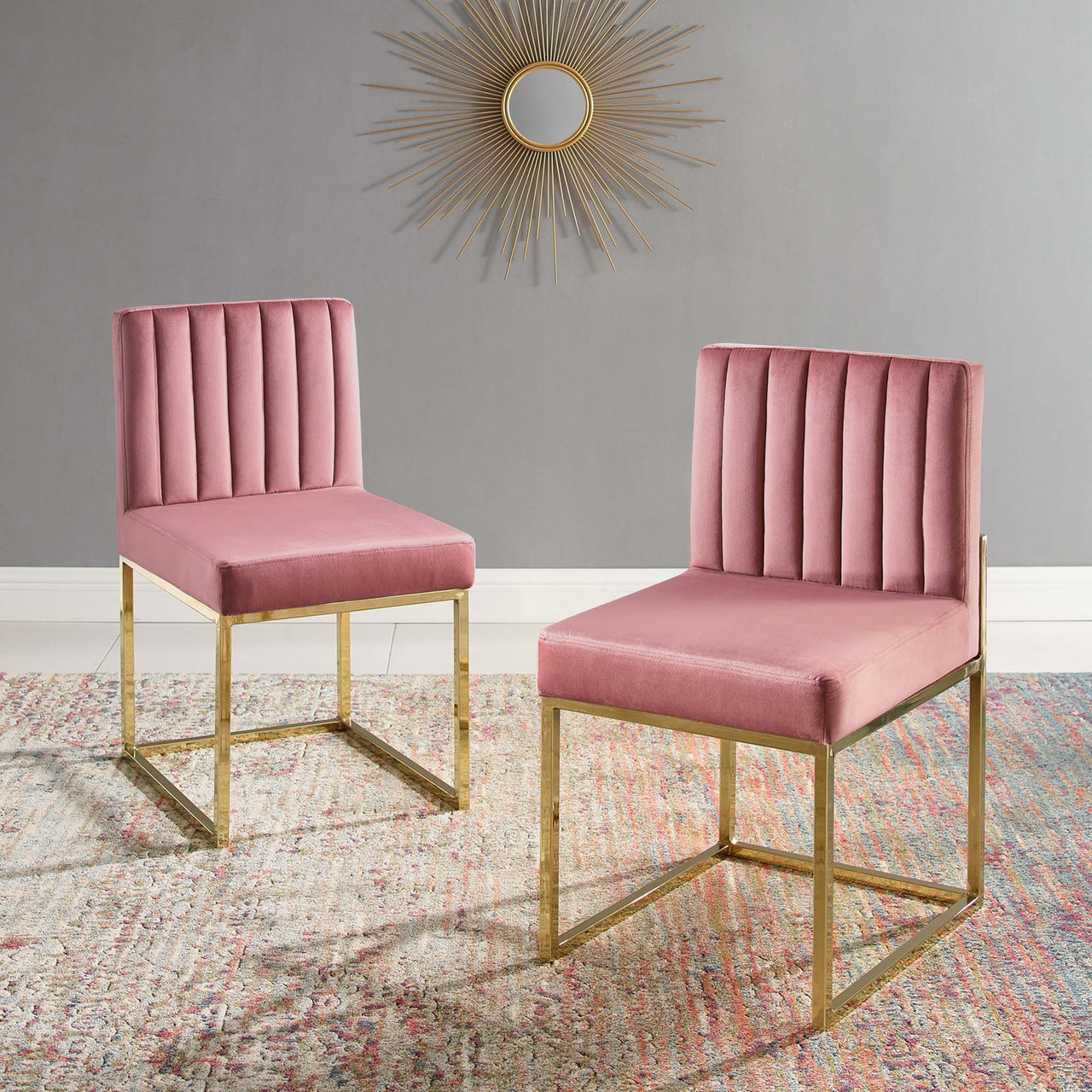 Empress Velvet Side Chair Set of 2, Gold & Dusty Rose