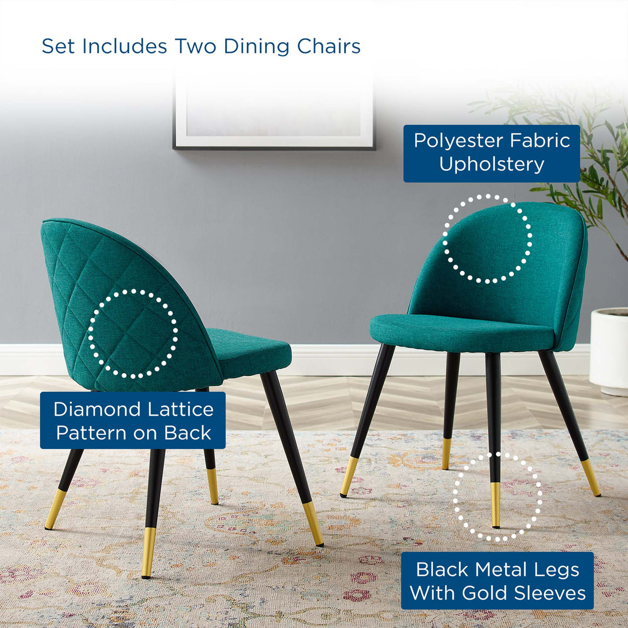 Adamantitus Dining Chair Set of 2, Teal
