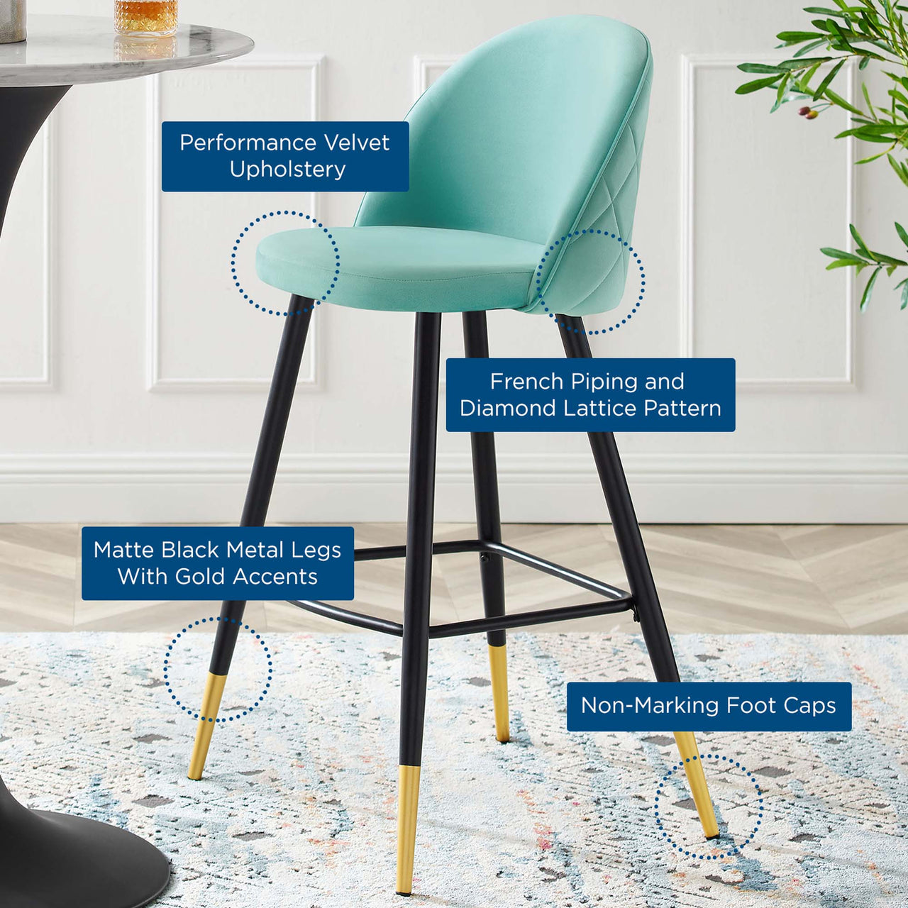 Adamantitus Upholstered Bar Stool Set of 2, Mint
