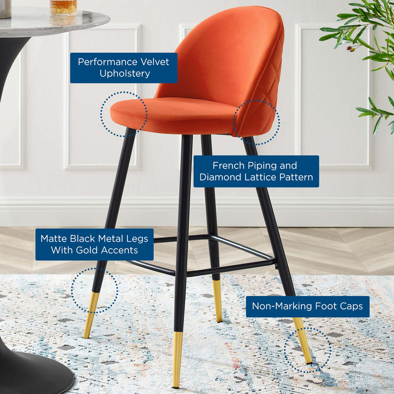 Adamantitus Upholstered Bar Stool Set of 2, Orange