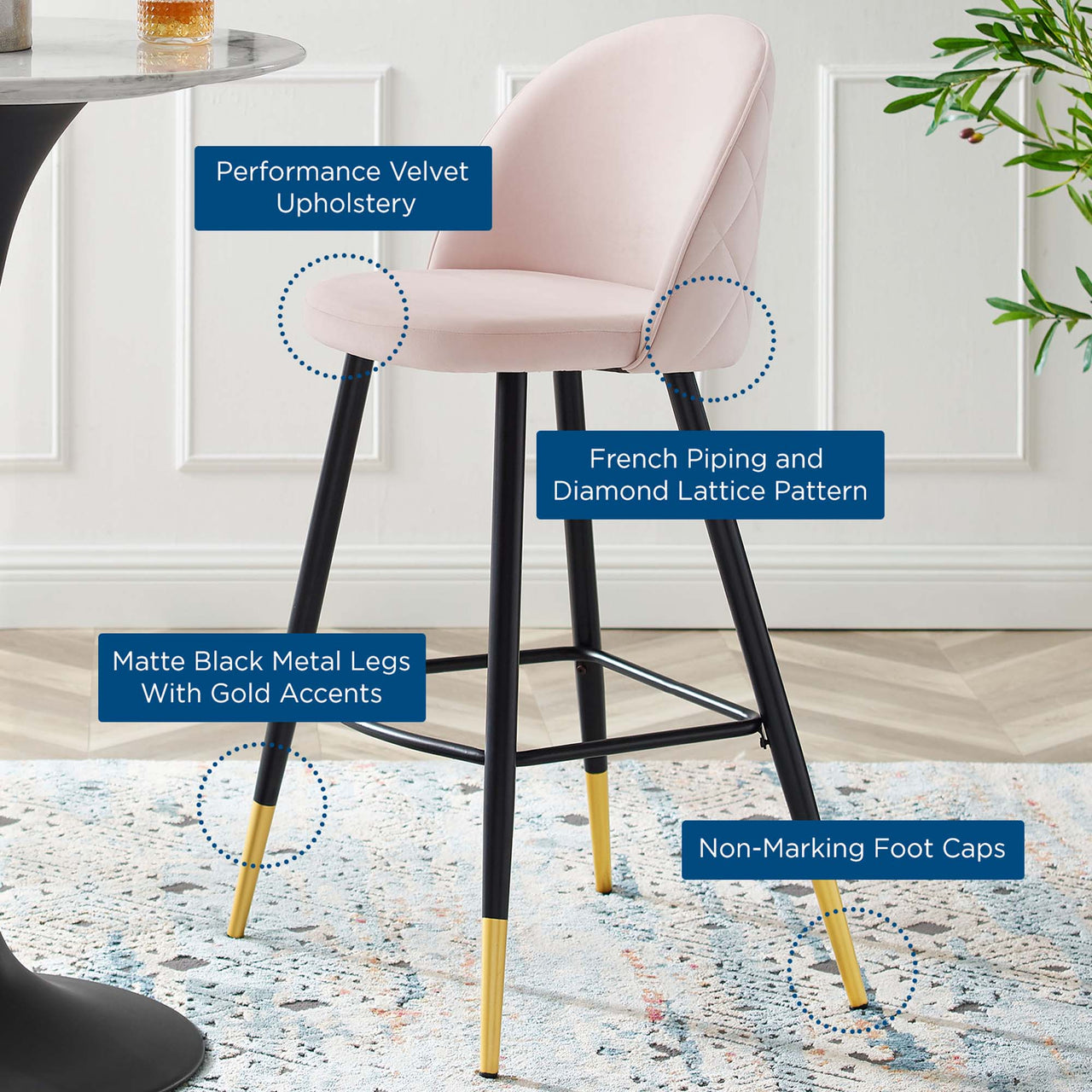 Adamantitus Upholstered Bar Stool Set of 2, Pink