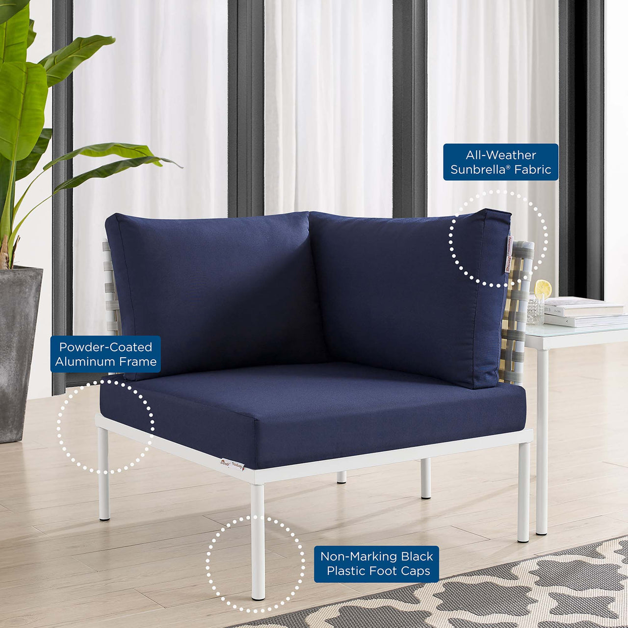 Harmonize Sunbrella® Basket Weave Alfresco Corner Chair | Outdoor Modular Sectional Component, Taupe & Navy
