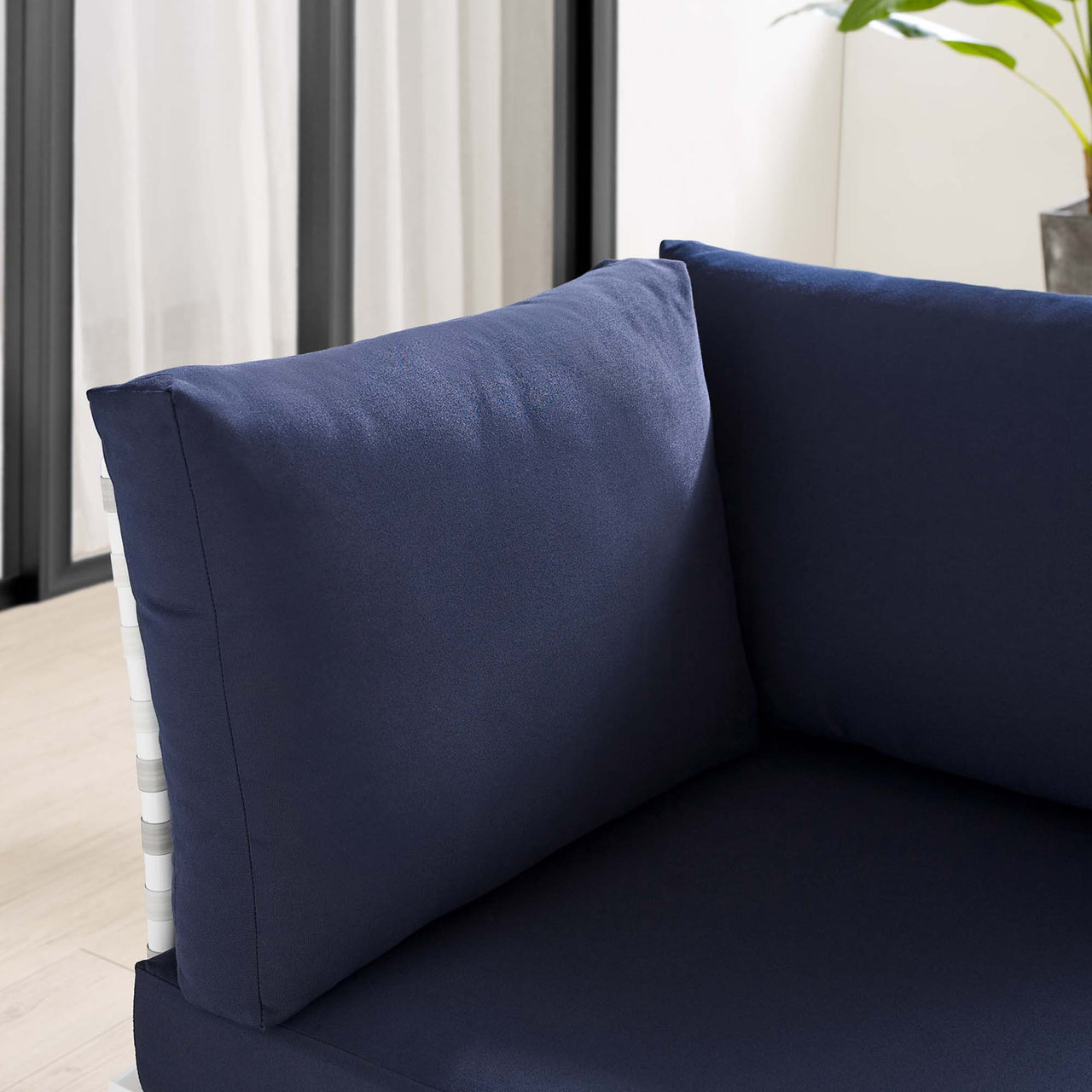 Harmonize Sunbrella® Basket Weave Alfresco Corner Chair | Outdoor Modular Sectional Component, Taupe & Navy