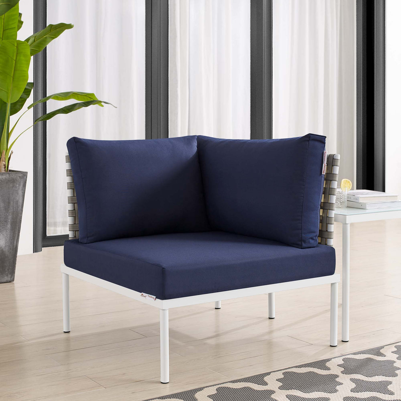 Harmonize Sunbrella® Basket Weave Alfresco Corner Chair | Outdoor Modular Sectional Component, Tan & Navy