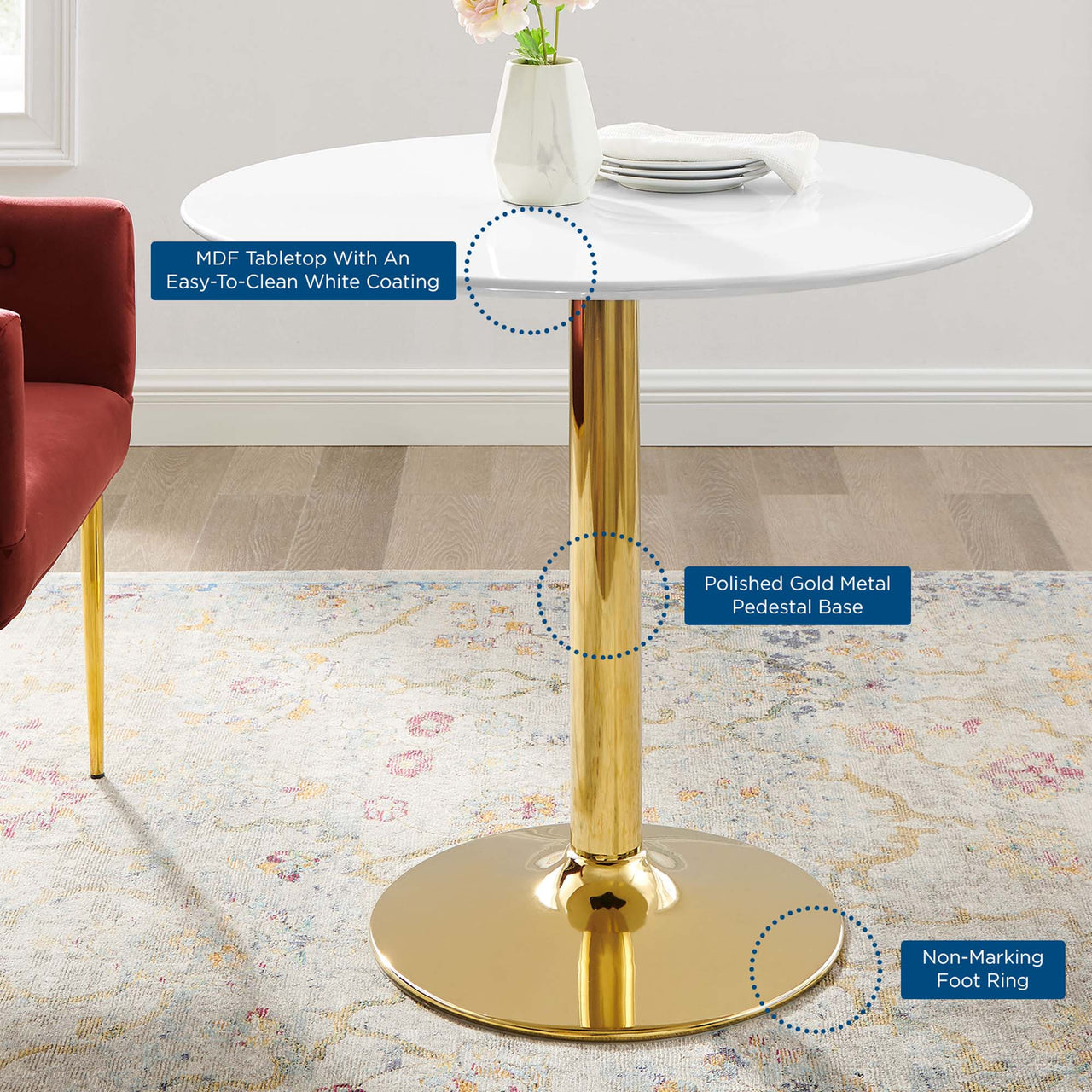 Kavrin Round Dining Table, Small, Gold & White