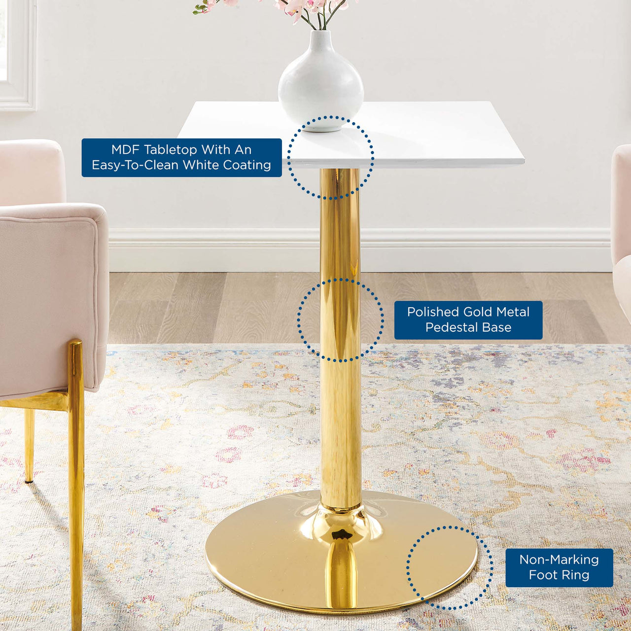 Kavrin Square Dining Table, Extra Small, Gold & White