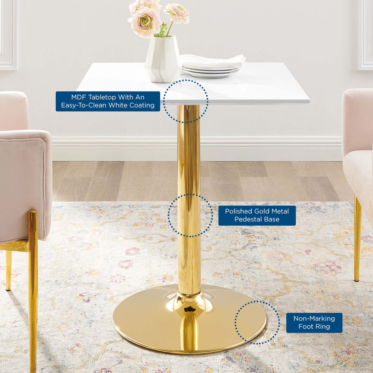 Kavrin Square Dining Table, Small, Gold & White