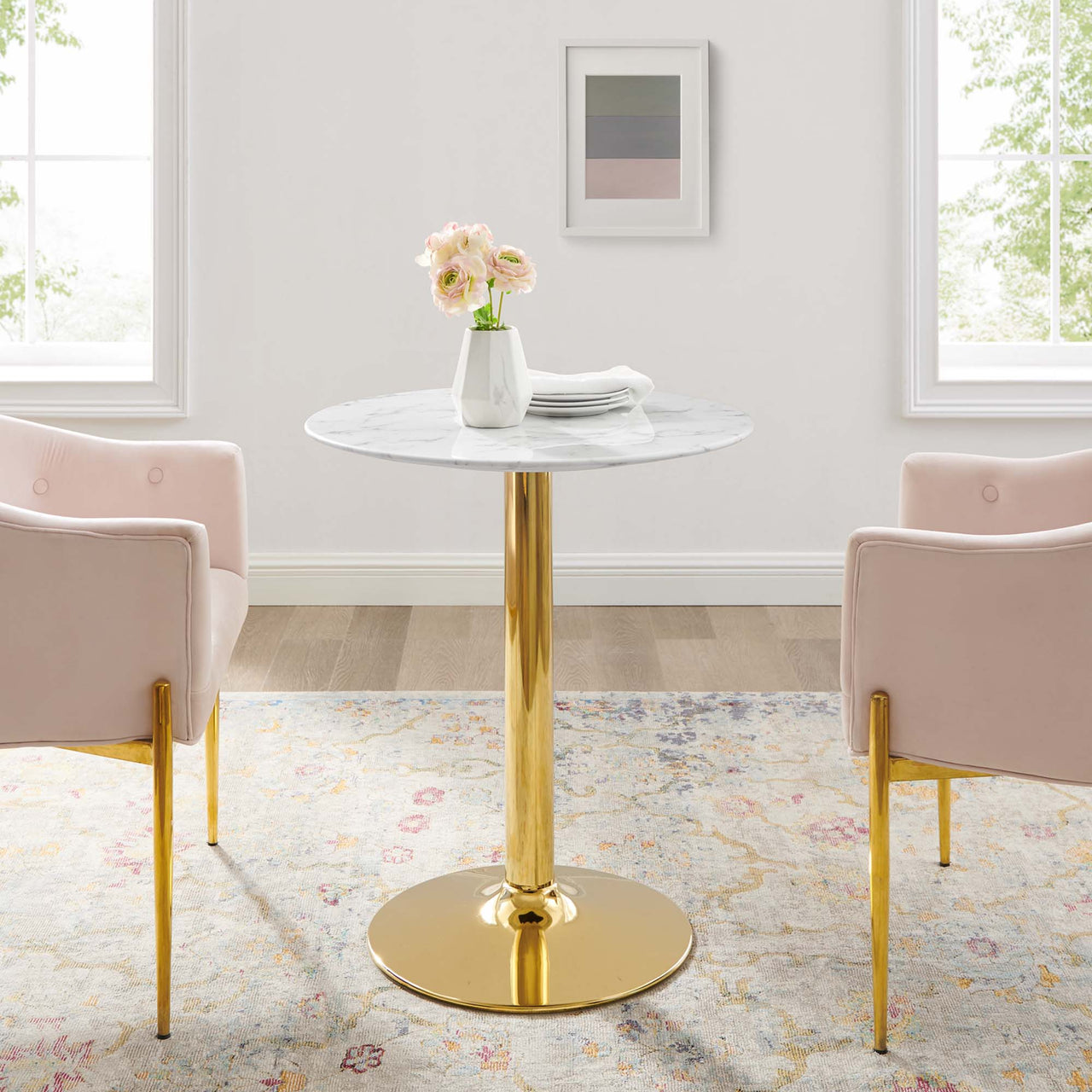 Kavrin Round Faux Marble Dining Table, Extra Small, Gold & White