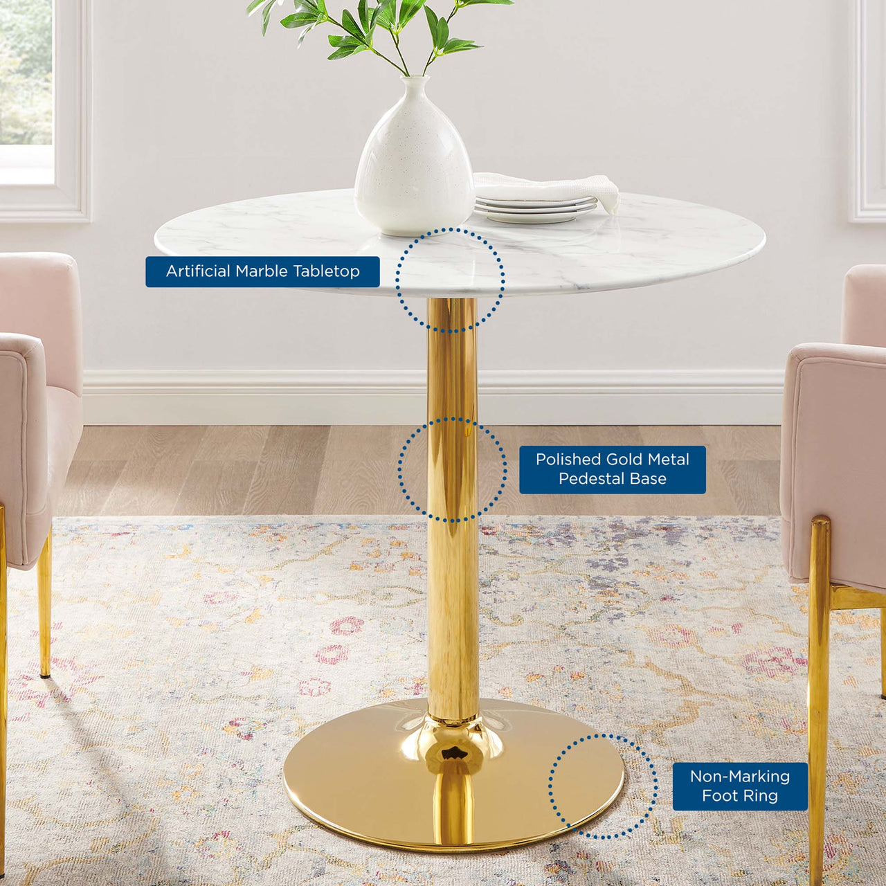 Kavrin Round Faux Marble Dining Table, Small, Gold & White