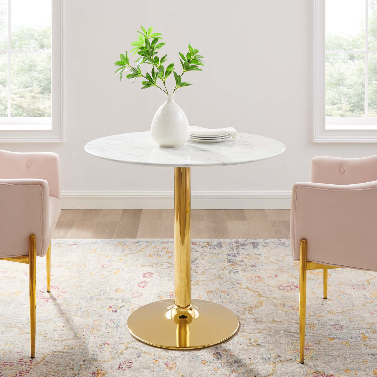 Kavrin Round Faux Marble Dining Table, Small, Gold & White