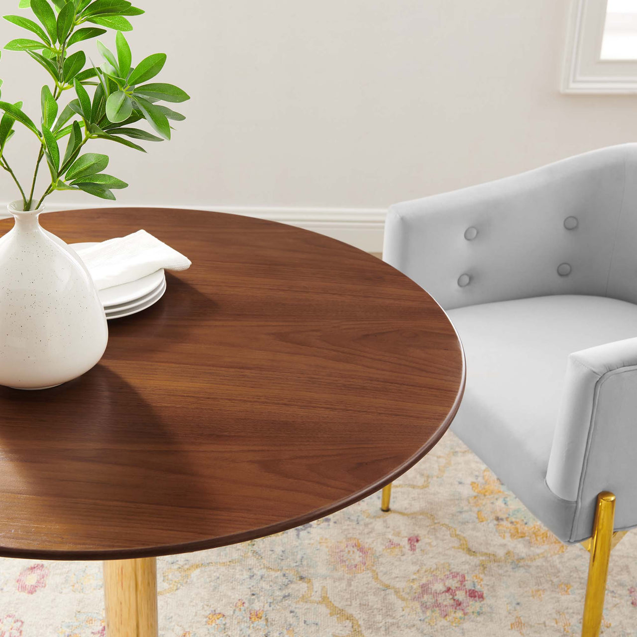 Kavrin Round Dining Table, Small, Gold & Walnut
