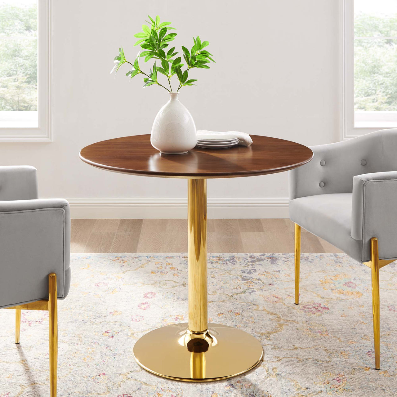 Kavrin Round Dining Table, Small, Gold & Walnut