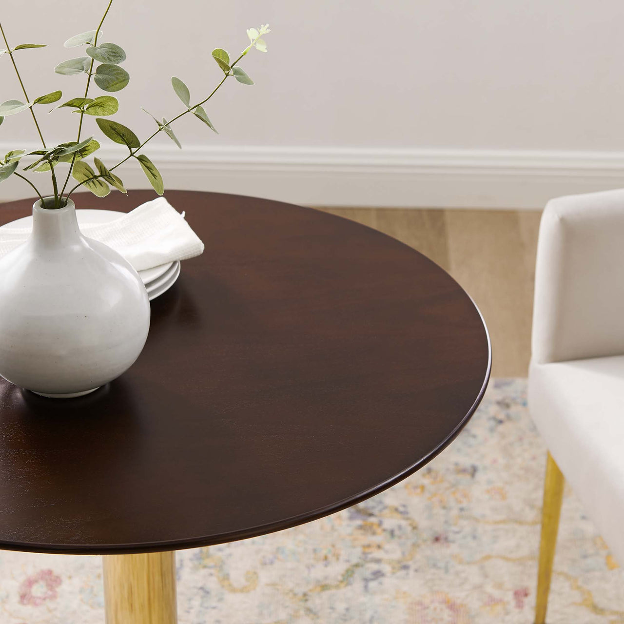 Kavrin Round Dining Table, Extra Small, Gold & Cherry Walnut