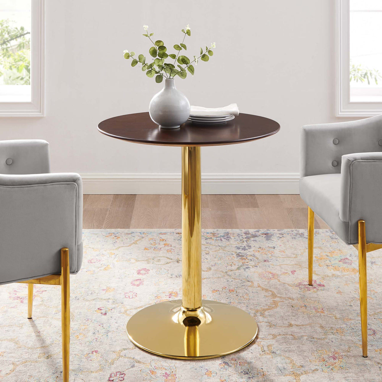 Kavrin Round Dining Table, Extra Small, Gold & Cherry Walnut
