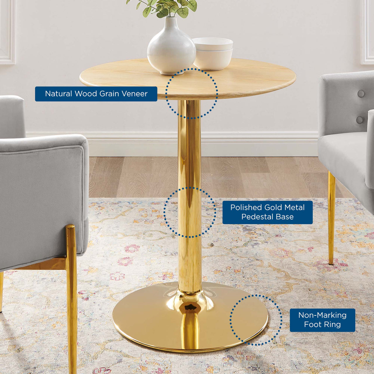Kavrin Round Dining Table, Extra Small, Gold & Natural Wood