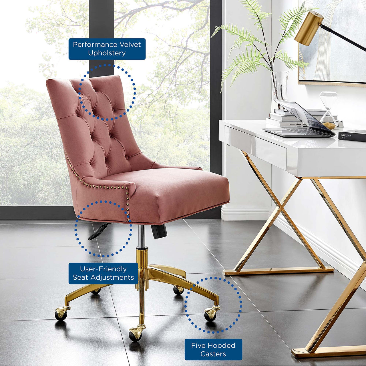 Cavell Velvet Office Chair, Gold & Dusty Rose
