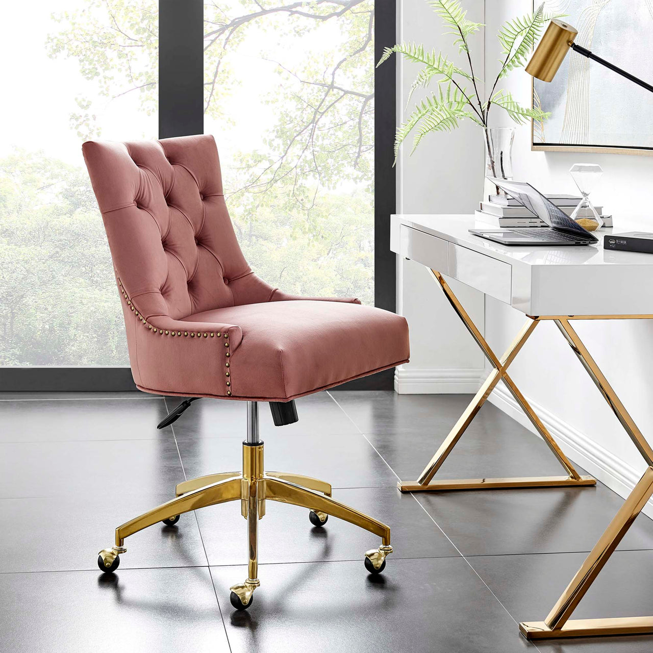 Cavell Velvet Office Chair, Gold & Dusty Rose