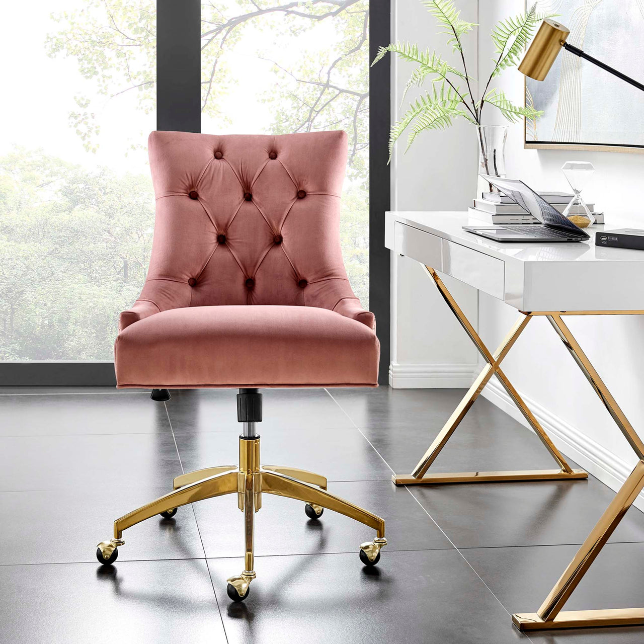 Cavell Velvet Office Chair, Gold & Dusty Rose