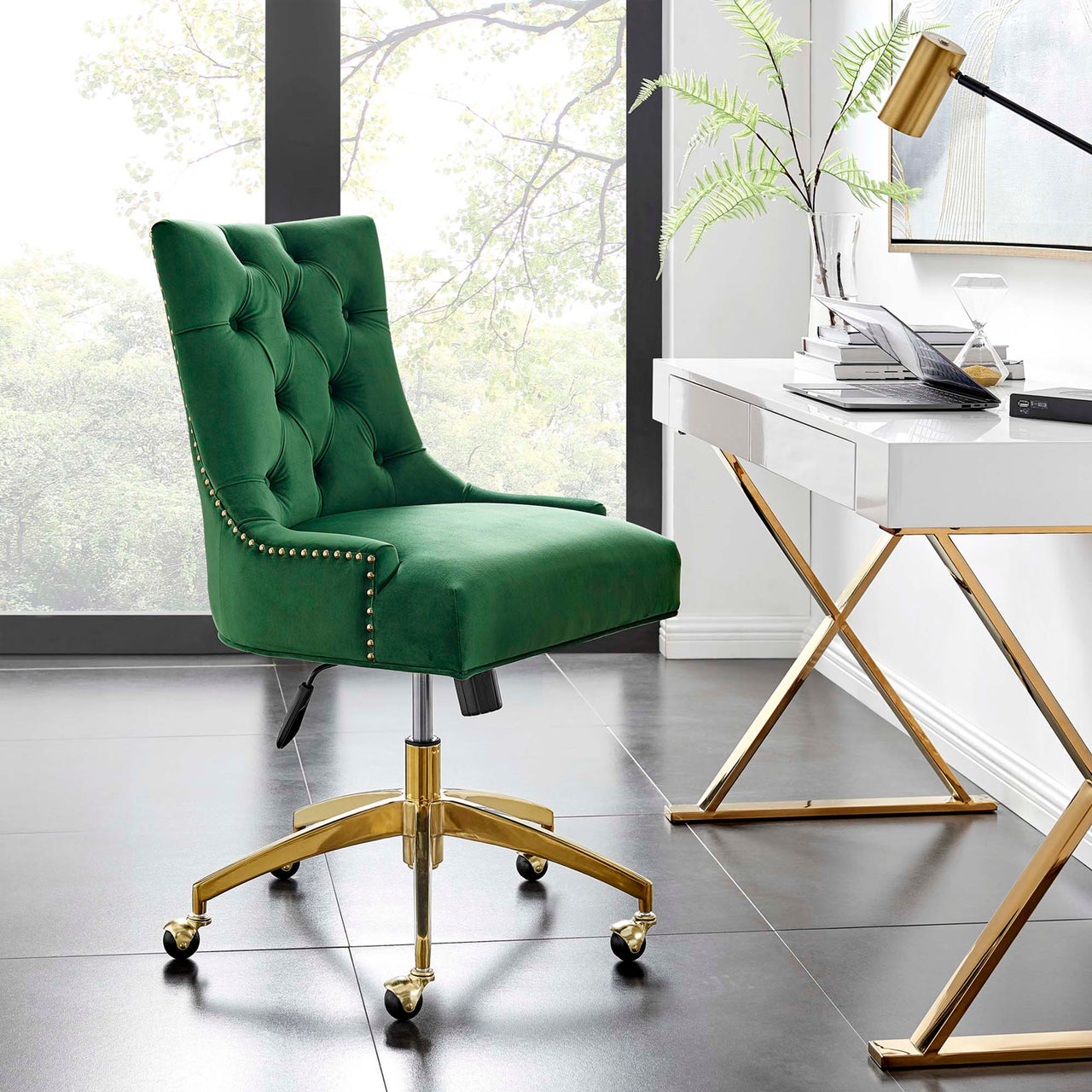 Cavell Velvet Office Chair, Gold & Emerald