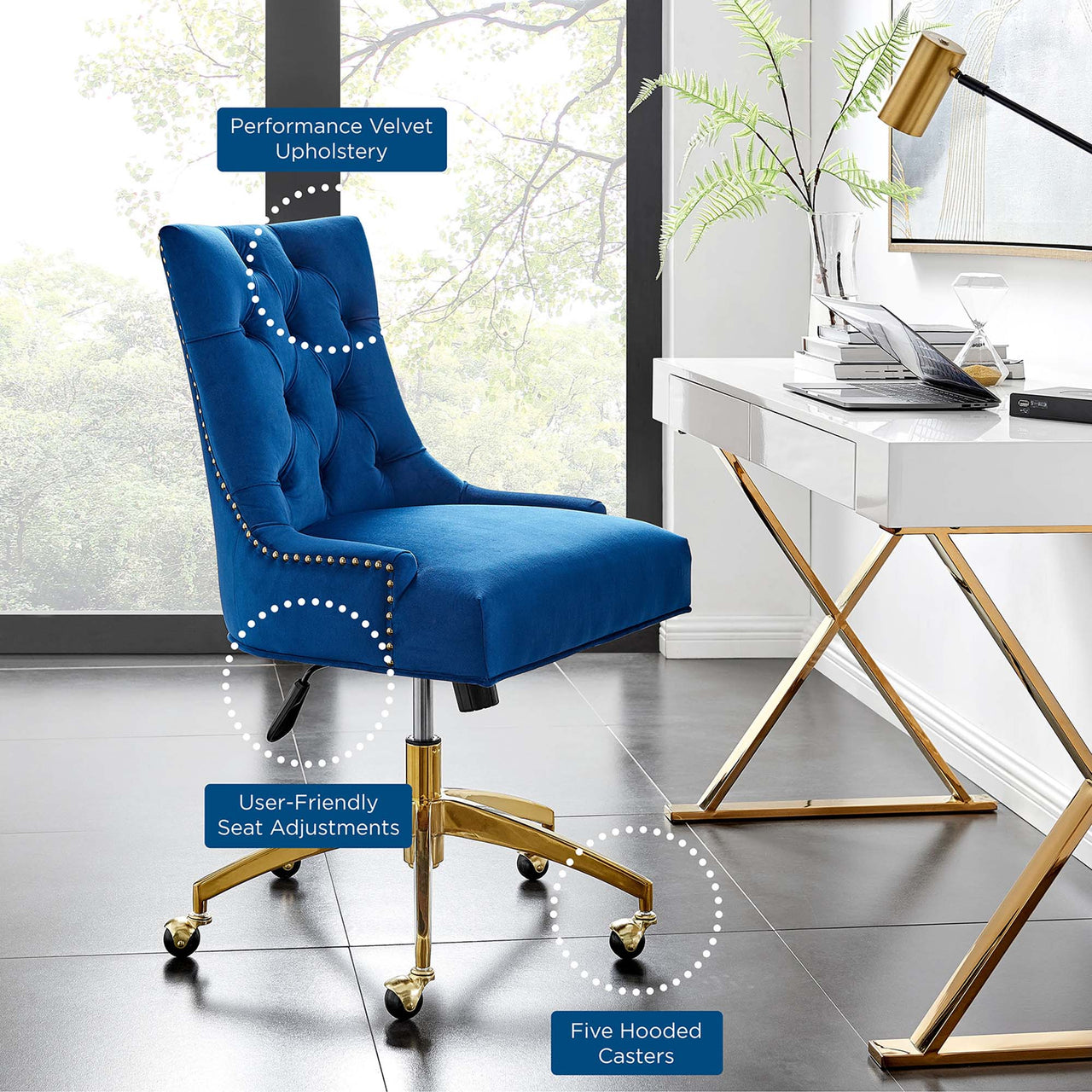 Cavell Velvet Office Chair, Gold & Navy