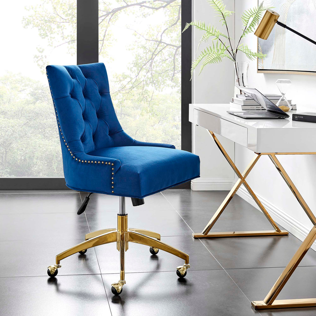 Cavell Velvet Office Chair, Gold & Navy