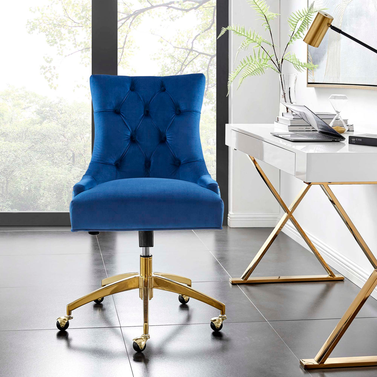 Cavell Velvet Office Chair, Gold & Navy
