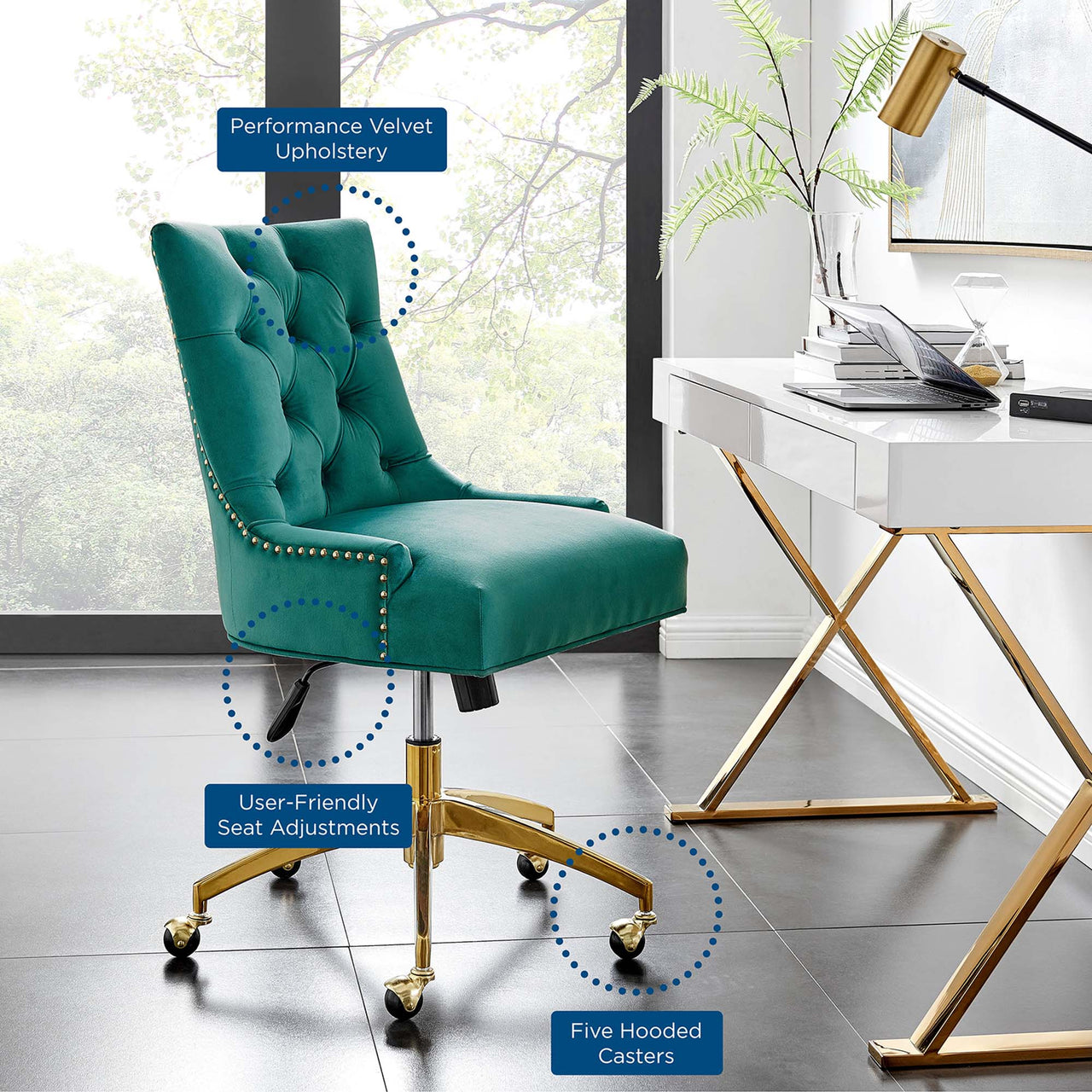 Cavell Velvet Office Chair, Gold & Teal