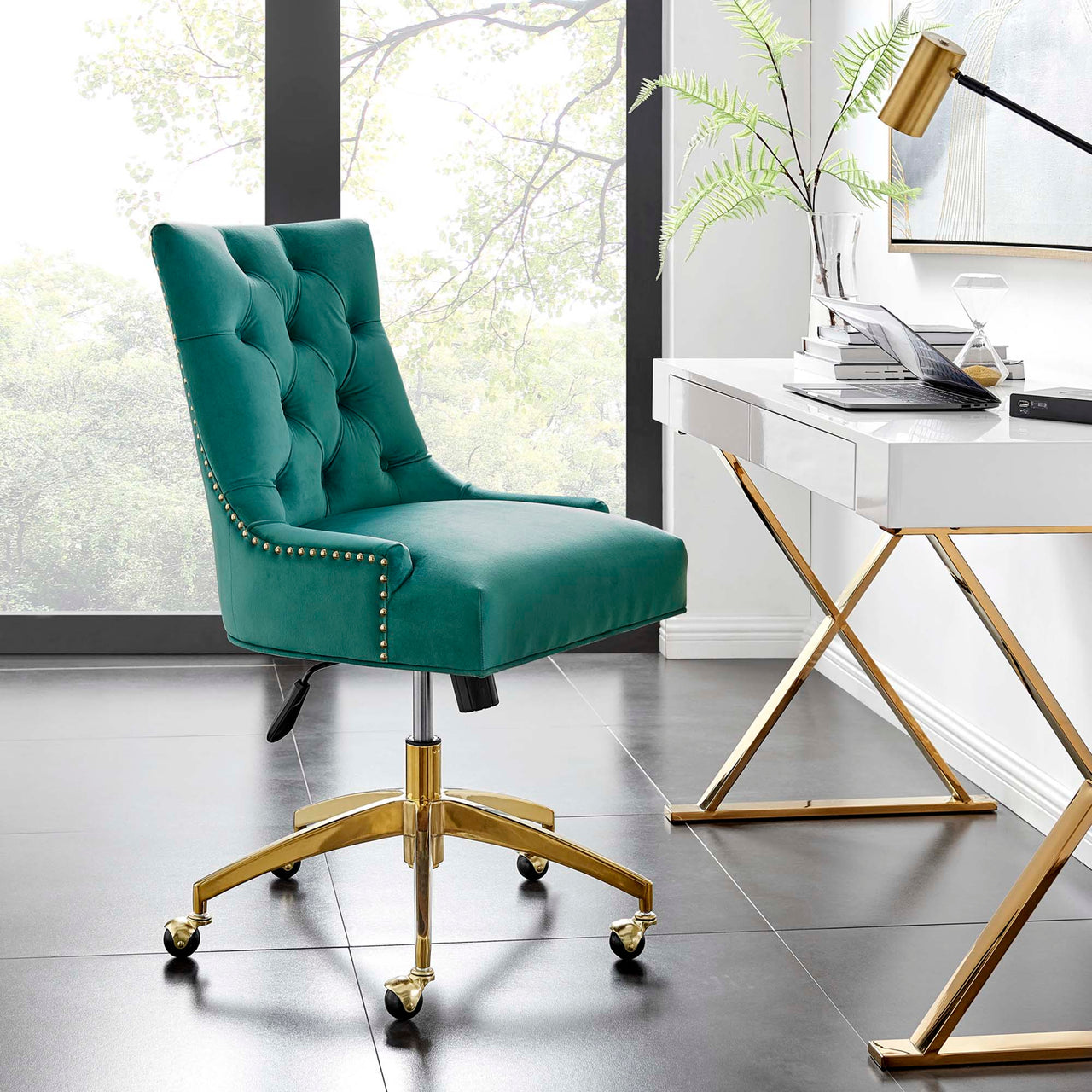 Cavell Velvet Office Chair, Gold & Teal