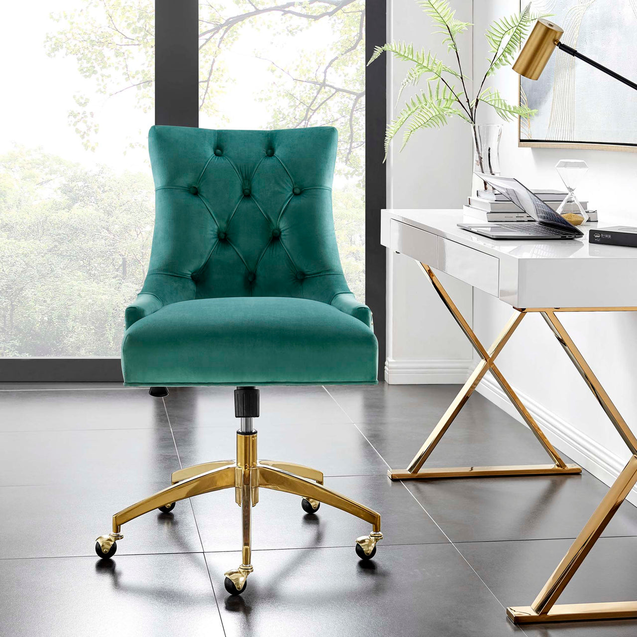 Cavell Velvet Office Chair, Gold & Teal
