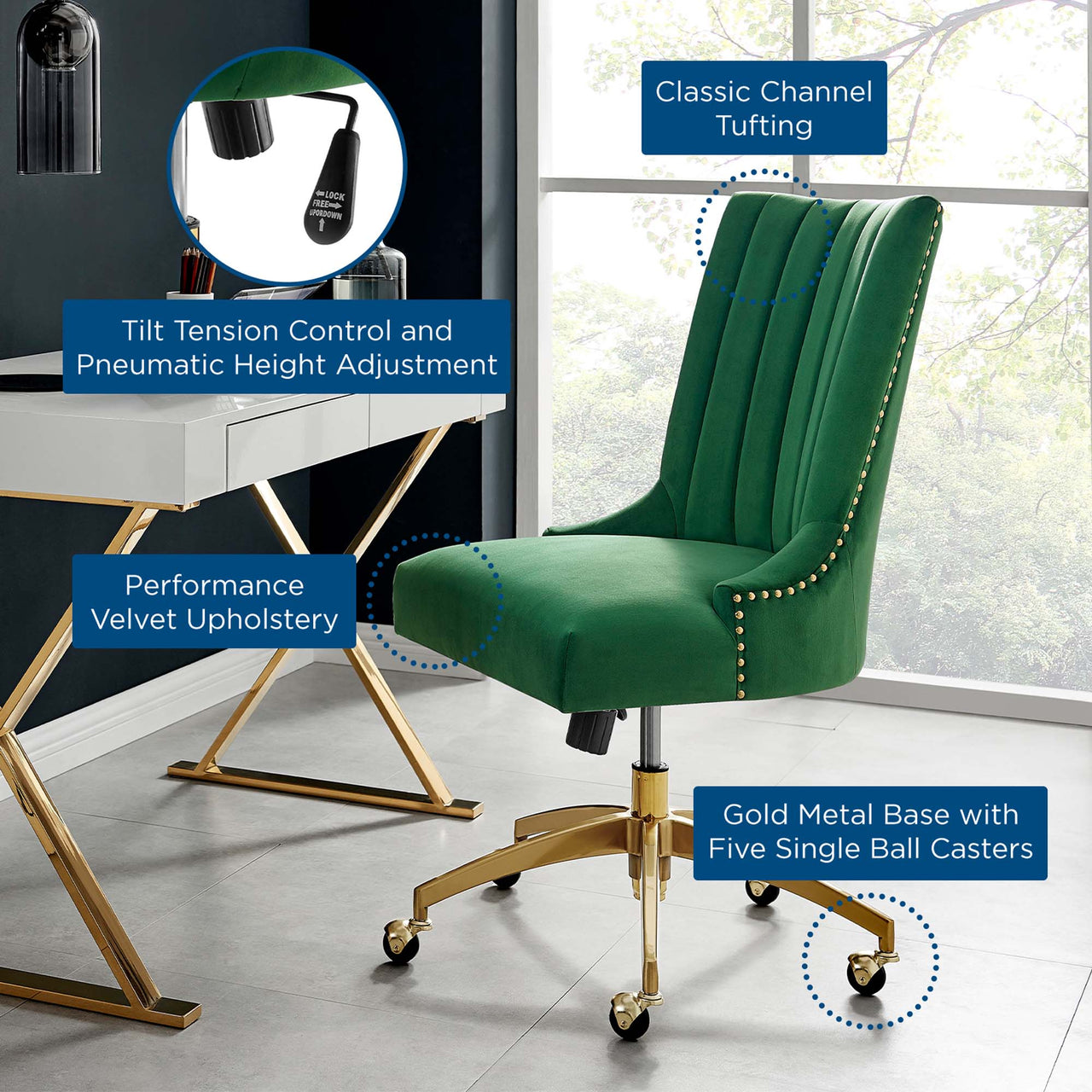 Arvene Velvet Office Chair, Gold & Emerald