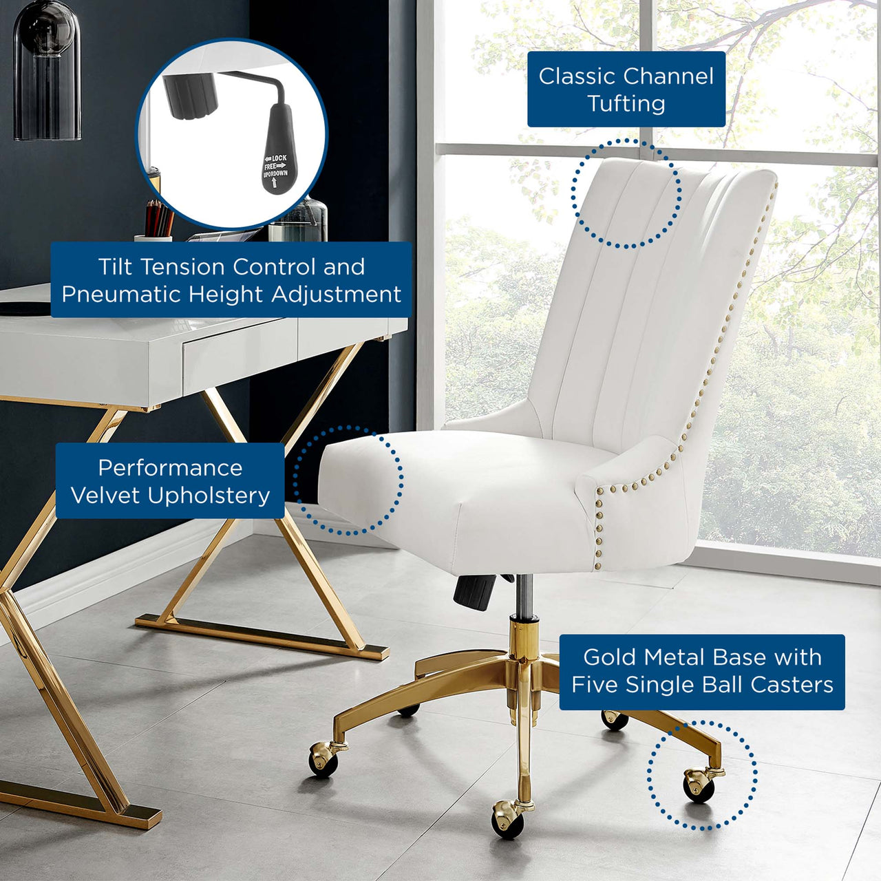 Arvene Velvet Office Chair, Gold & White