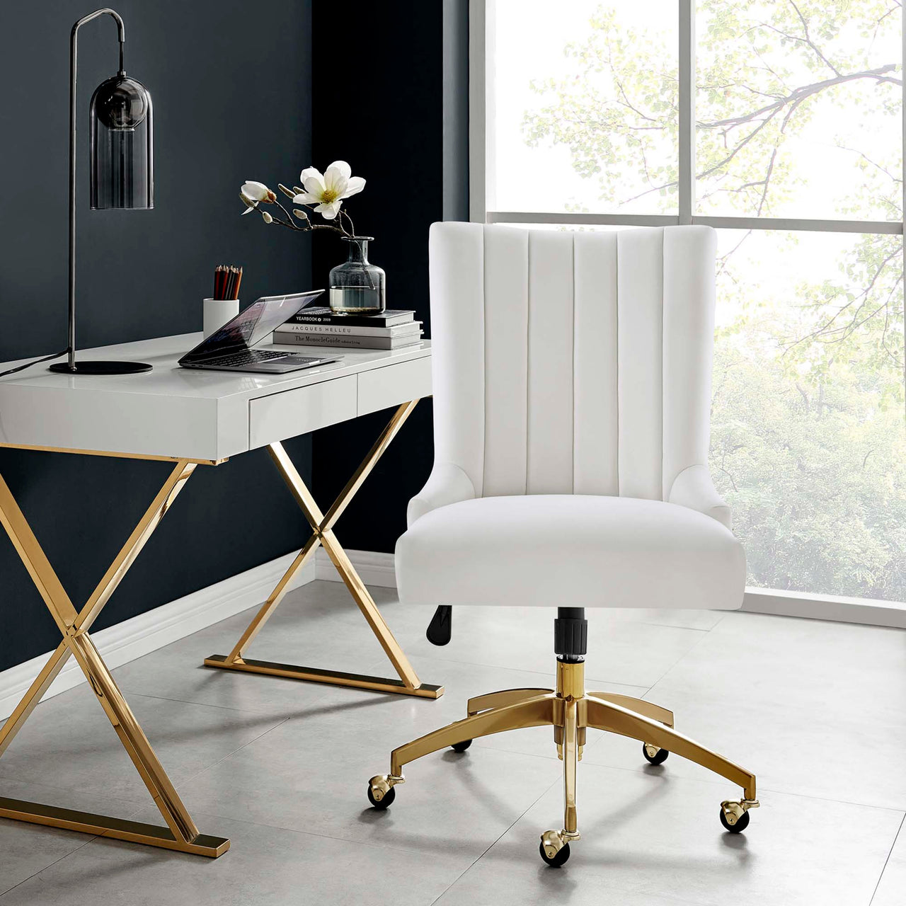 Arvene Velvet Office Chair, Gold & White