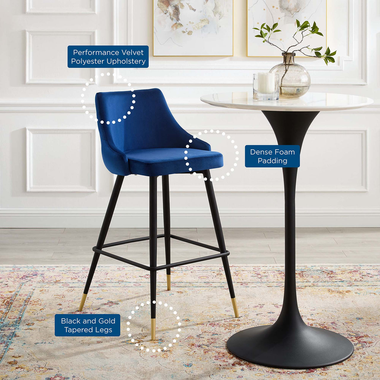 Avira Velvet Bar Stool Set of 2, Navy
