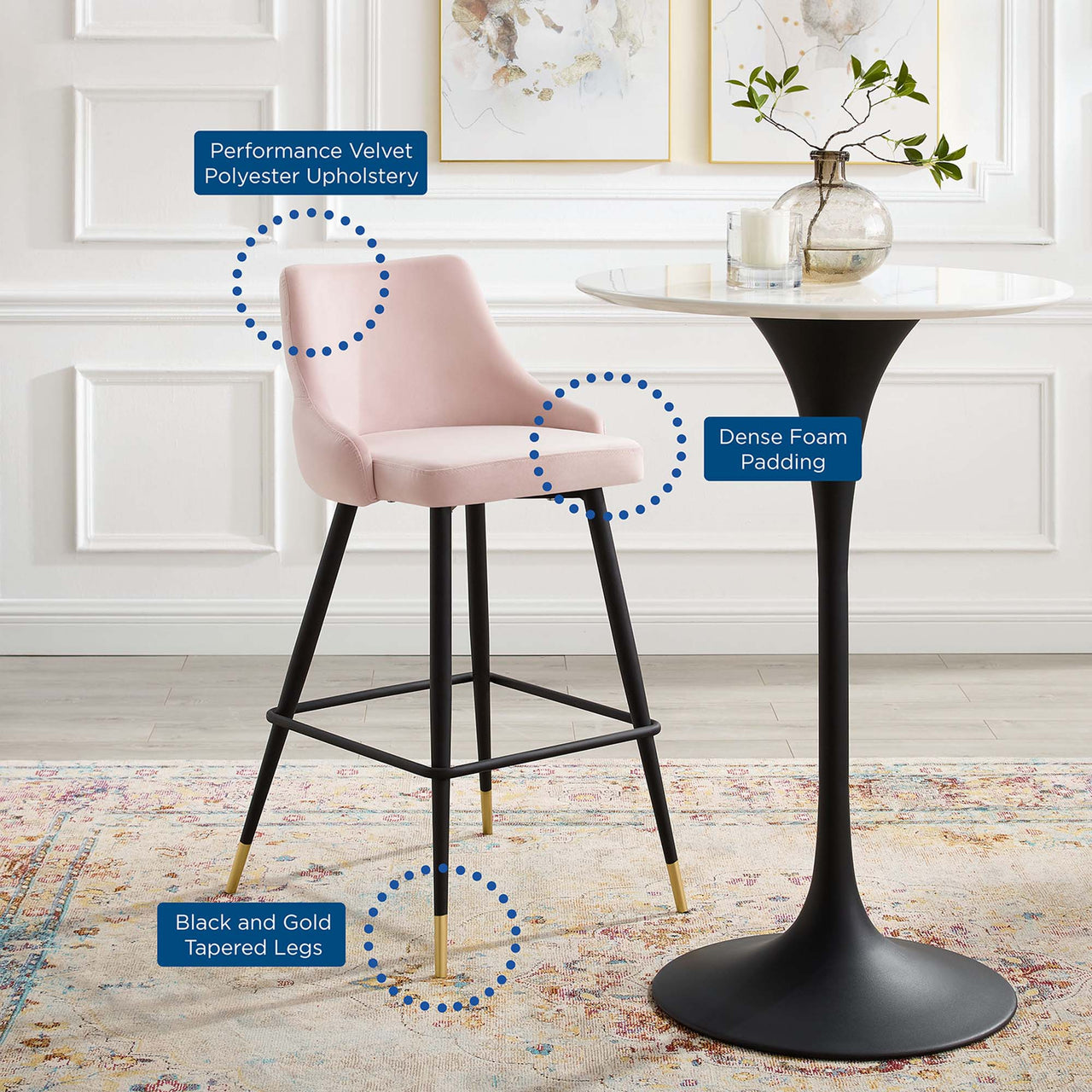 Avira Velvet Bar Stool Set of 2, Pink