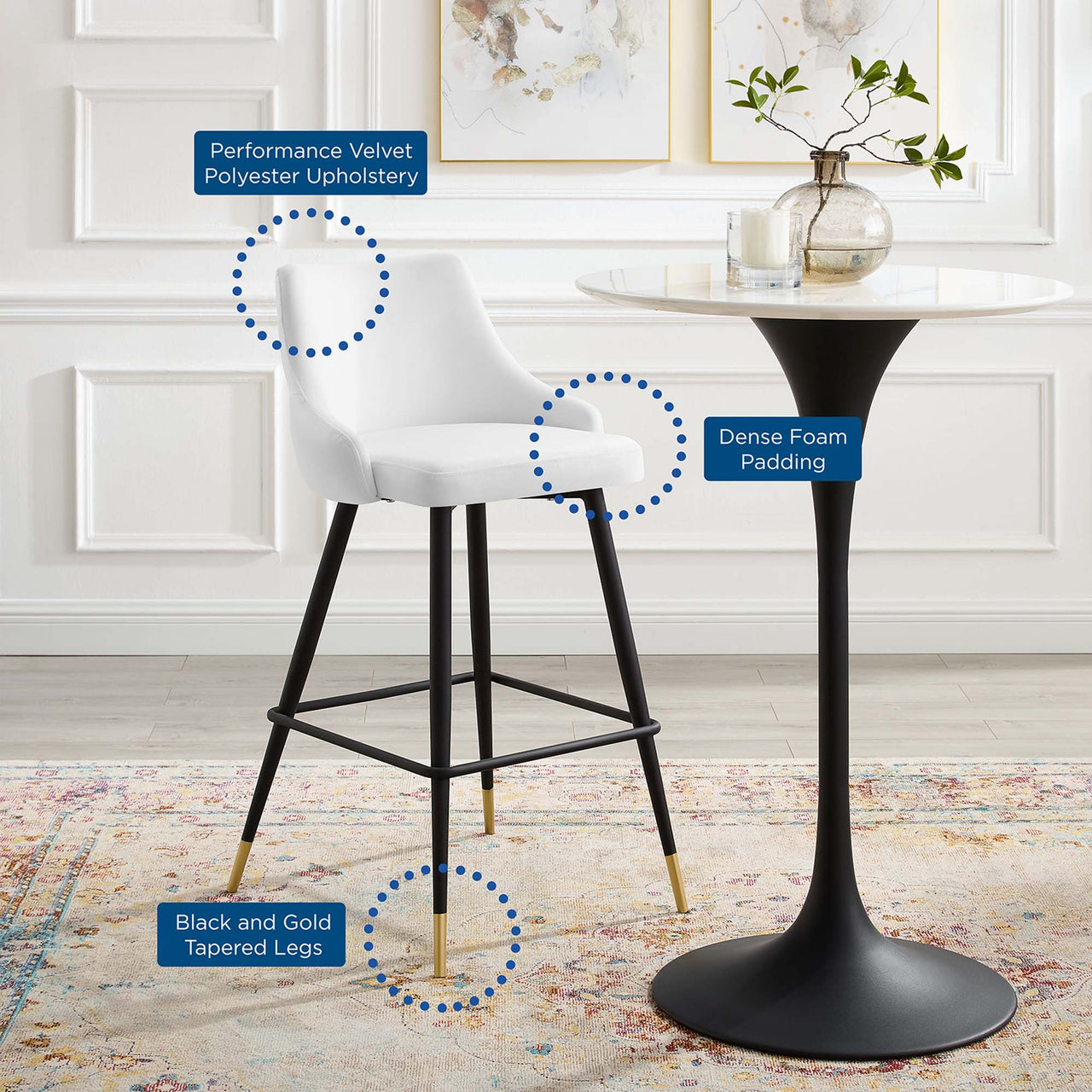 Avira Velvet Bar Stool Set of 2, White