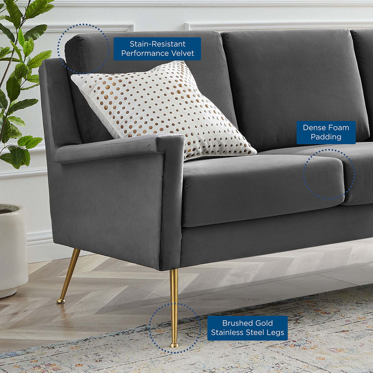Peak Velvet Sofa, Gold & Gray