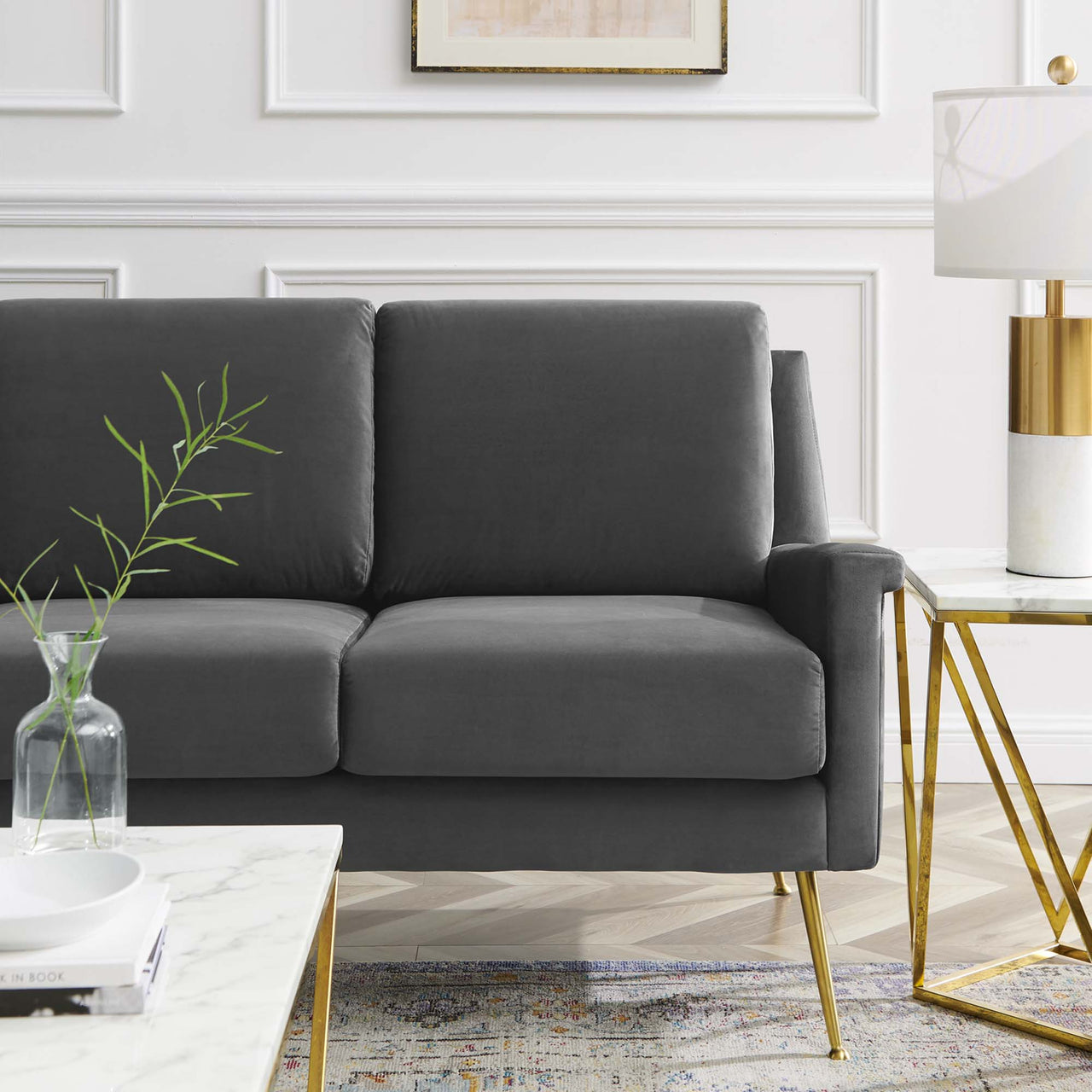 Peak Velvet Sofa, Gold & Gray
