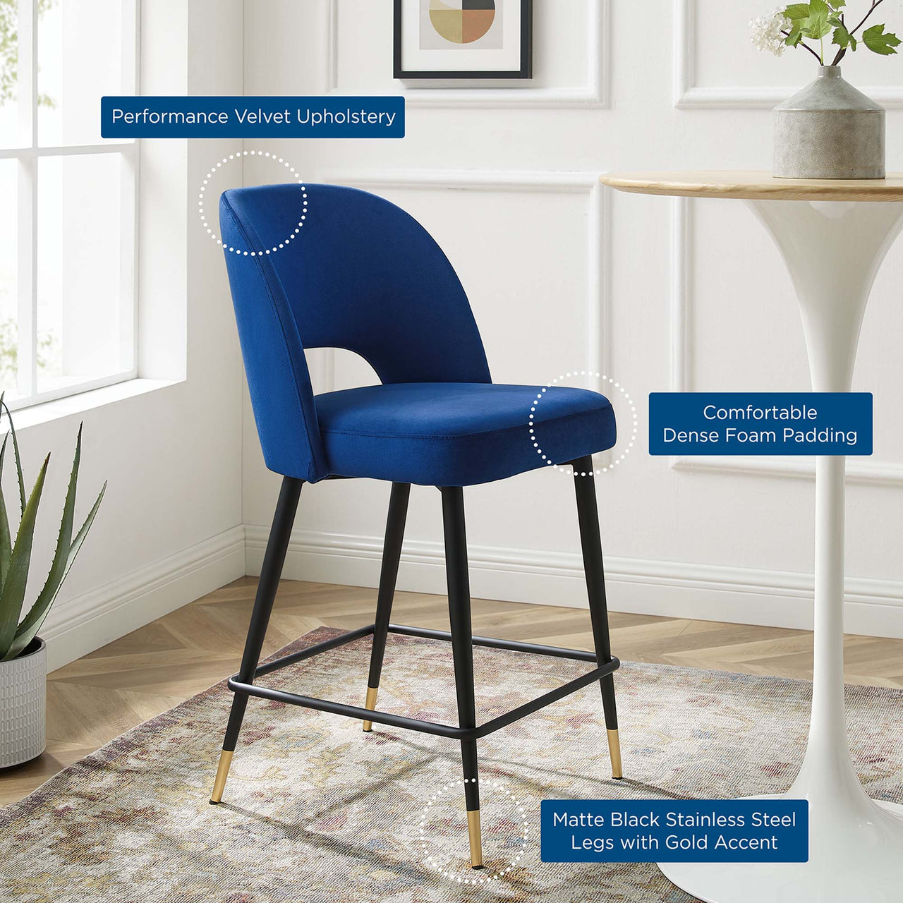Artemis Upholstered Velvet Counter Stool, Navy
