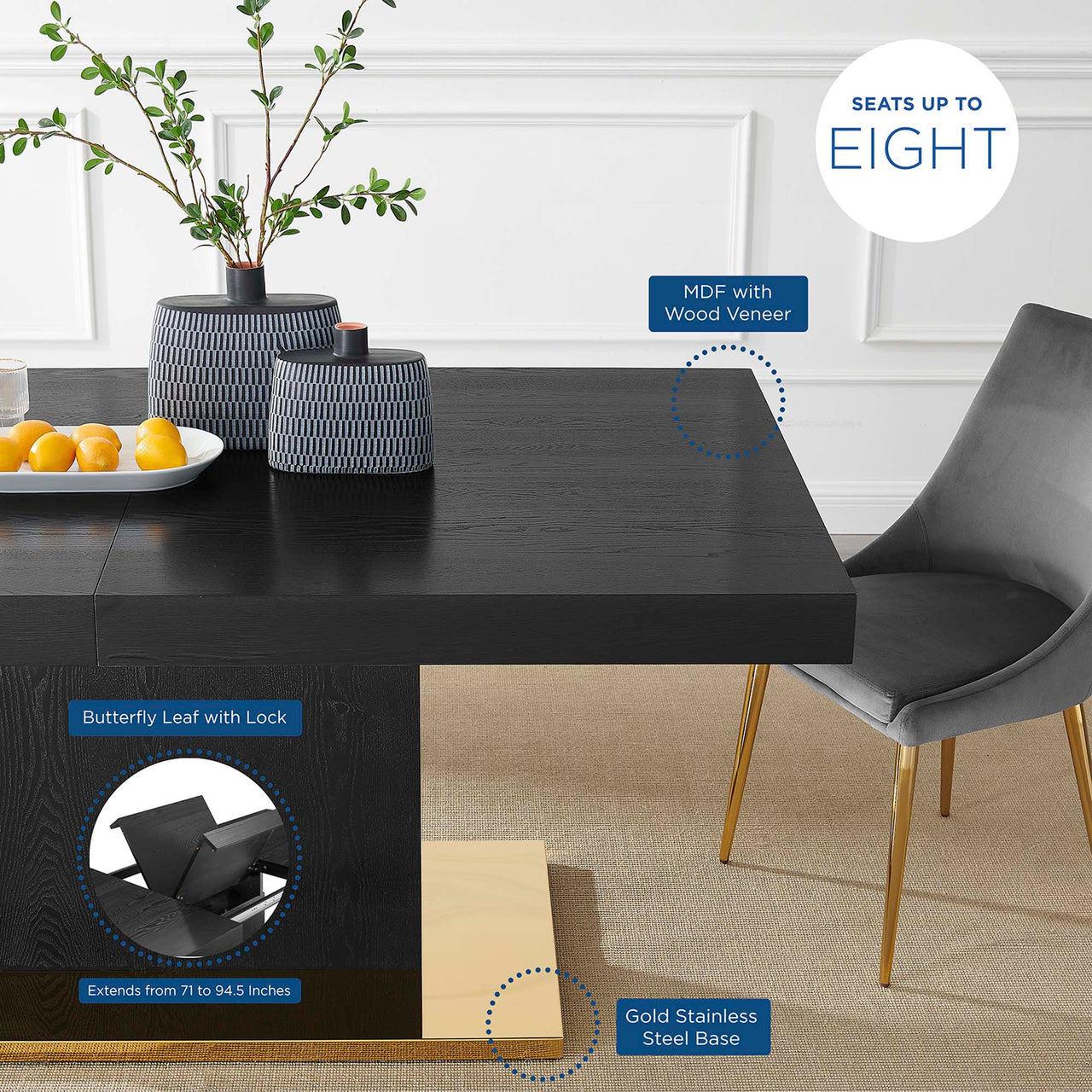 Divisa Extendable Dining Table, Black & Gold