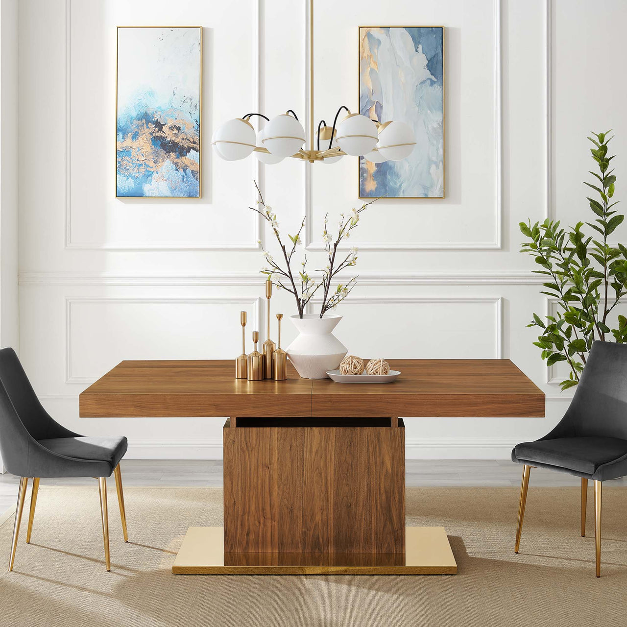 Divisa Extendable Dining Table, Walnut & Gold