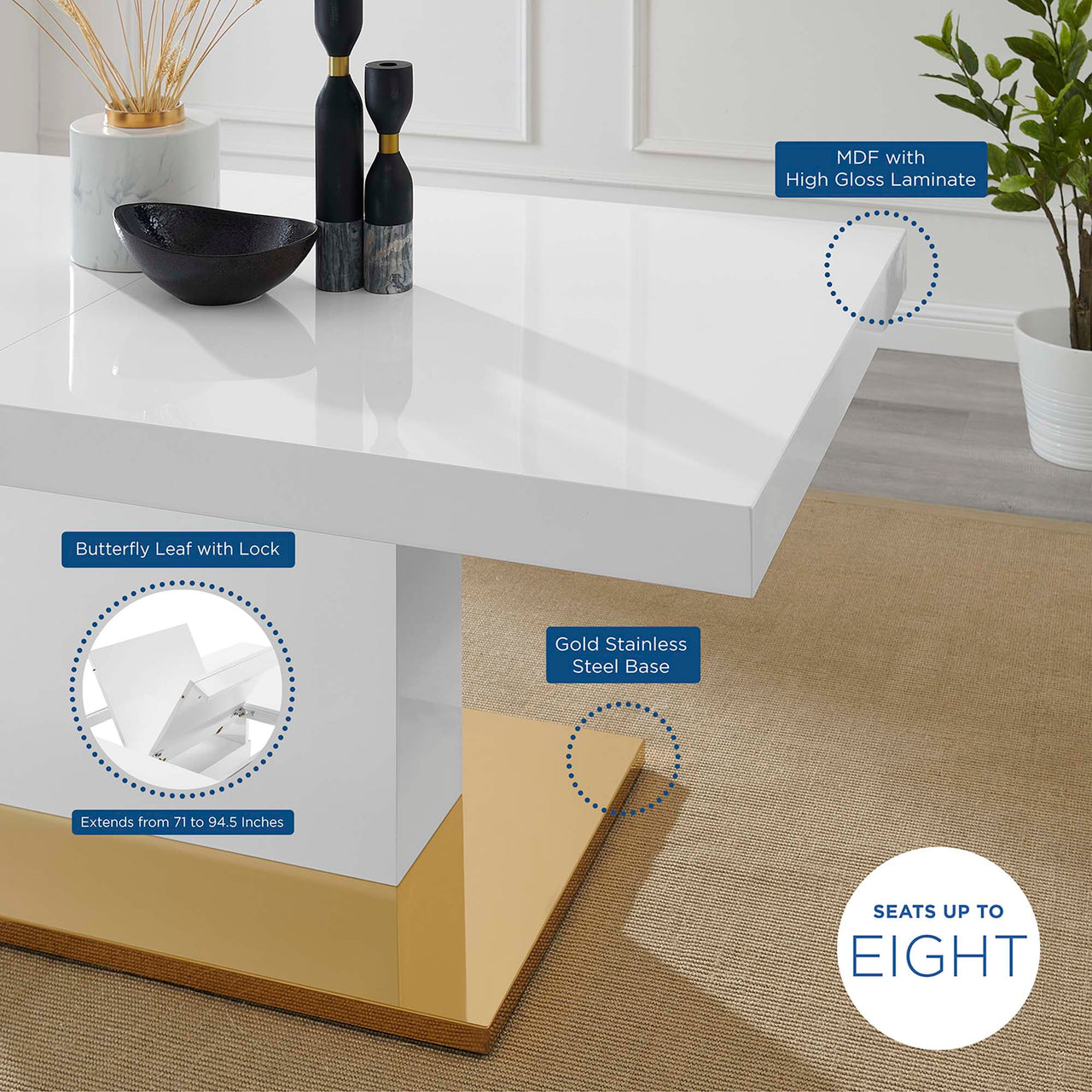 Divisa Extendable Dining Table, White & Gold