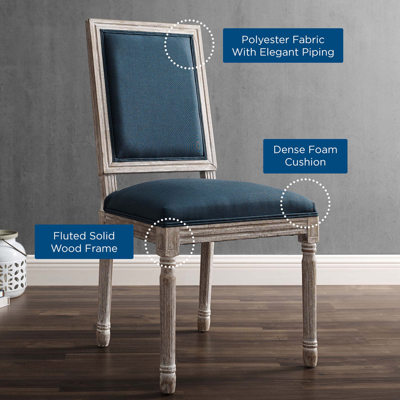 Corton Upholstered Side Chair, Natural Wood & Dark Blue