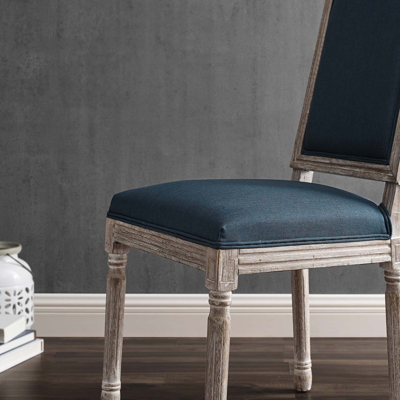 Corton Upholstered Side Chair, Natural Wood & Dark Blue