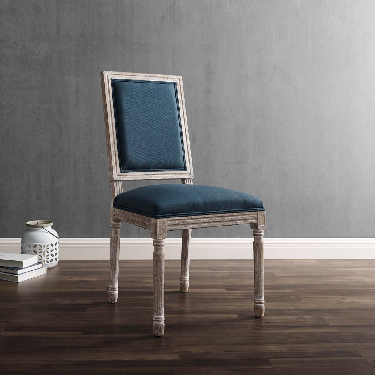 Corton Upholstered Side Chair, Natural Wood & Dark Blue