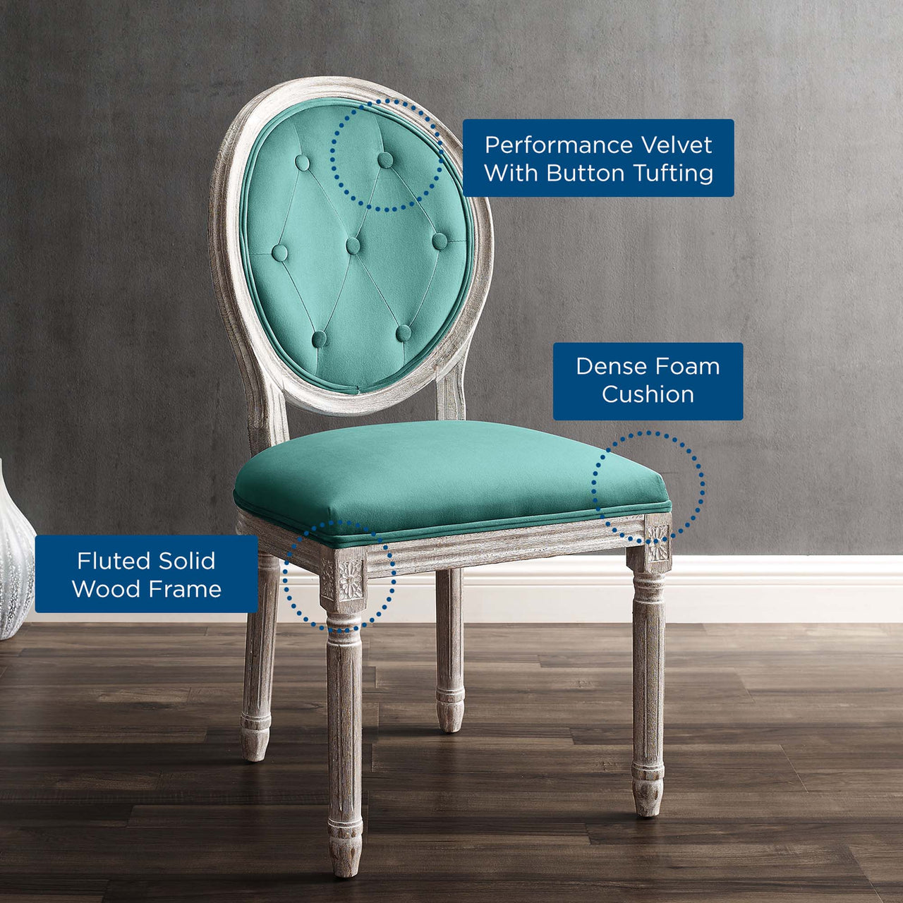 Genevre Velvet Dining Chair, Natural Wood & Teal