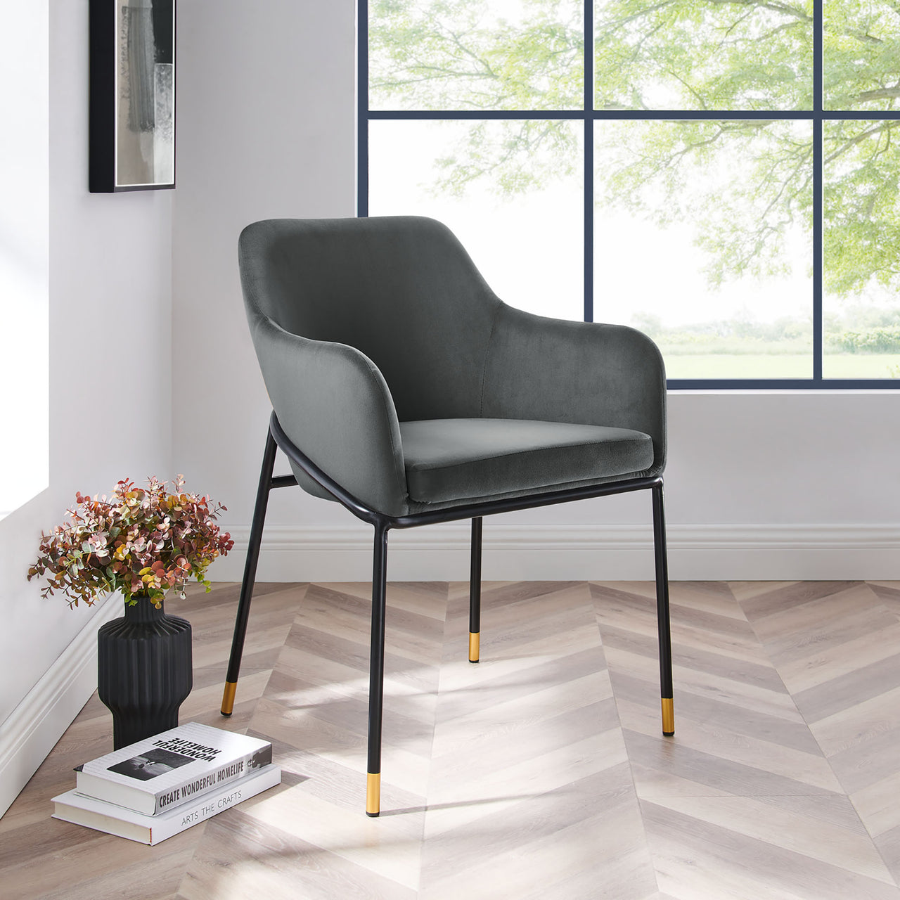 Rovelle Upholstered Velvet Dining Chair, Black & Charcoal
